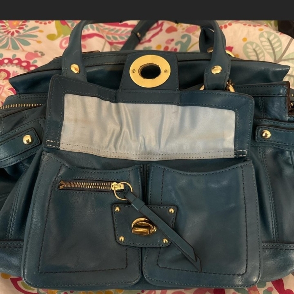Coach Teal Leather Hampton Lindsay Satchel Handbag with Gold Hardware - Picture 6 of 8